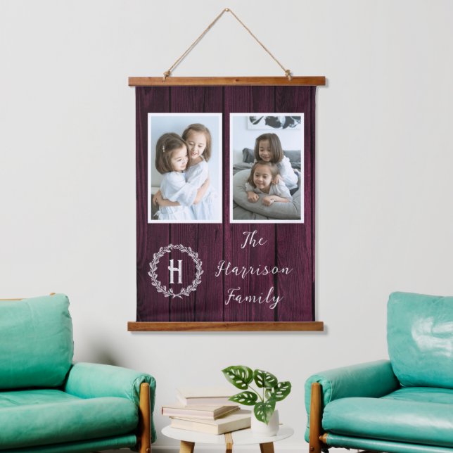 Tapisserie Suspendue Magenta Rustic Famille Monogramme Photo (Salon)