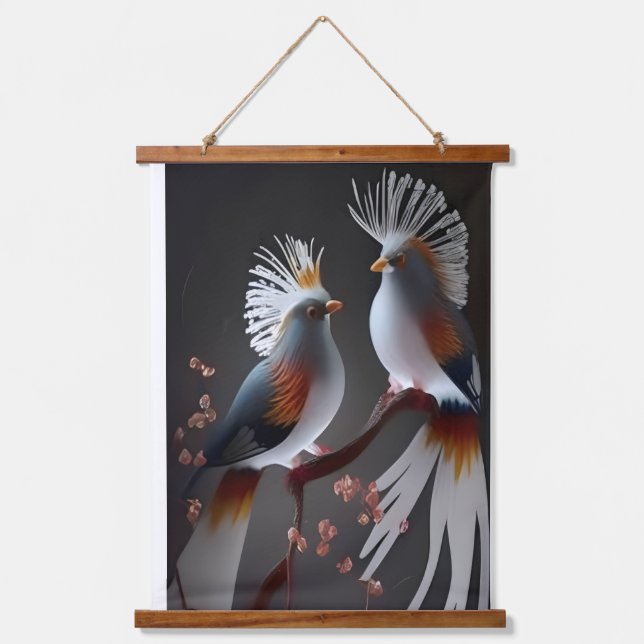 Tapisserie Suspendue Majestic Exotic Birds on Branch - Ethereal Nature  (Recto)