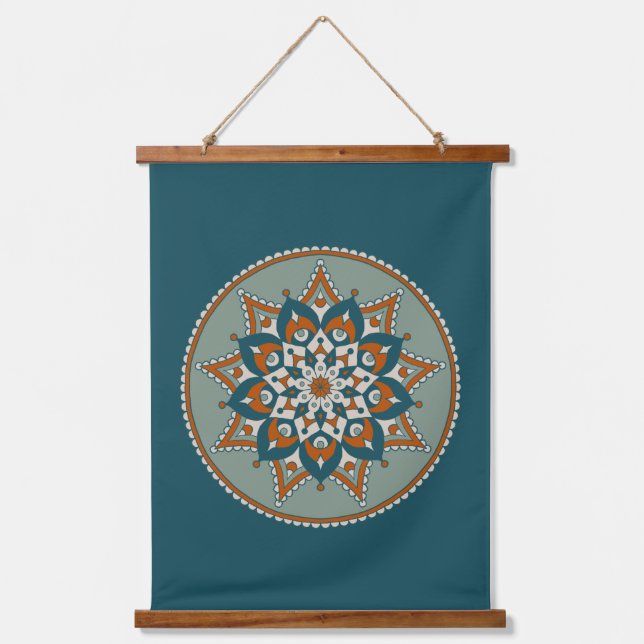 Tapisserie Suspendue Mandala Floral, Turquoise, Olivier, Rouille, Crème (Recto)