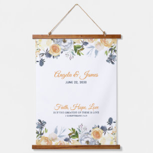 Tapisserie Suspendue Mariage Floral Aquarelle Bleu Nuit Élégant Corail