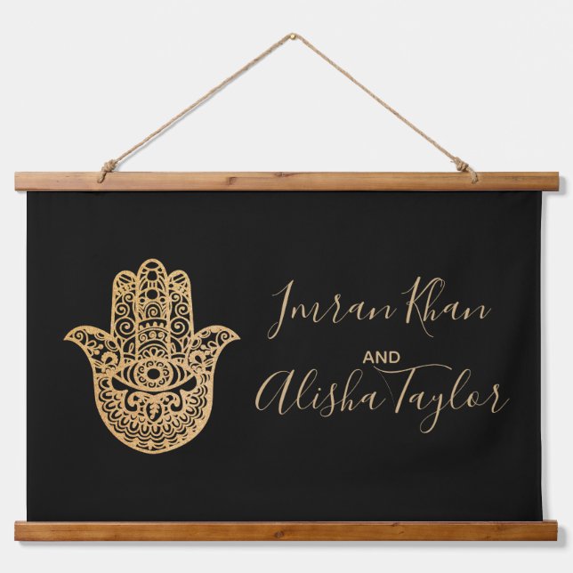Tapisserie Suspendue Mariage indien Enregistrer la date Gold hamsa Henn (Devant)