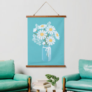 Tapisserie Suspendue Mason Jar aux marguerites blanches sur Turquoise