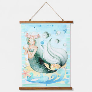 Tapisserie Suspendue Mermaid and Fish Sea Life Watercolor Art