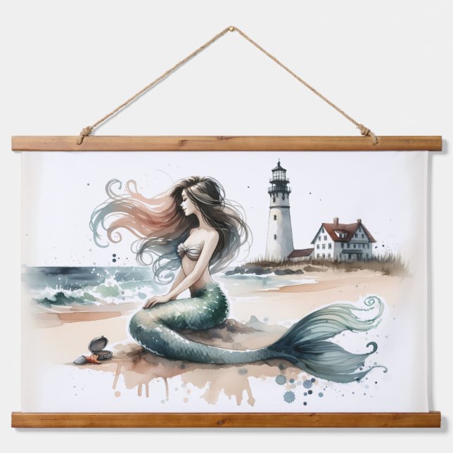 Tapisserie Suspendue Mermaid Lighthouse Coastal Watercolor Scene (Devant)