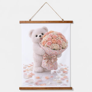 Tapisserie Suspendue Mignon ours en peluche tenant un bouquet de roses