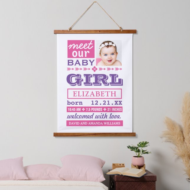 Tapisserie Suspendue Modern Pink Purple Baby Girl Photo Birth Stats (Chambre à coucher)