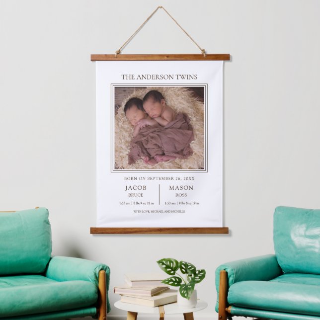 Tapisserie Suspendue Modern Sweet Twins Photo Birth Announcement (Salon)