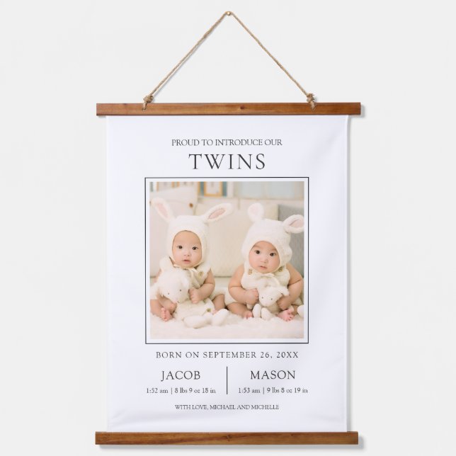 Tapisserie Suspendue Modern Sweet Twins Photo Birth Announcement (Recto)