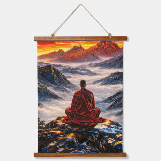 Tapisserie Suspendue Moine méditant sur une montagne au coucher du sole