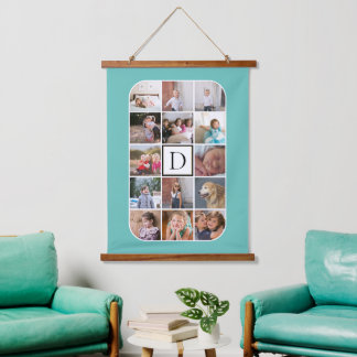 Tapisserie Suspendue Monogramme, 14 photo collage angles arrondis turqu