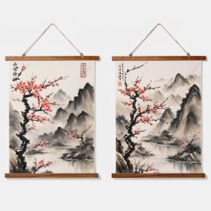 Tapisserie Suspendue Montagnes japonaises sur un paysage de rivière bén