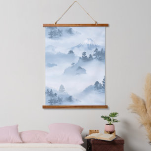 Tapisserie Suspendue Montagnes minimalistes enneigées bleu blanc