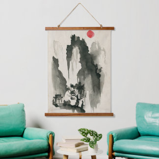 Tapisserie Suspendue Montagnes Sumi-e avec monastère et moine