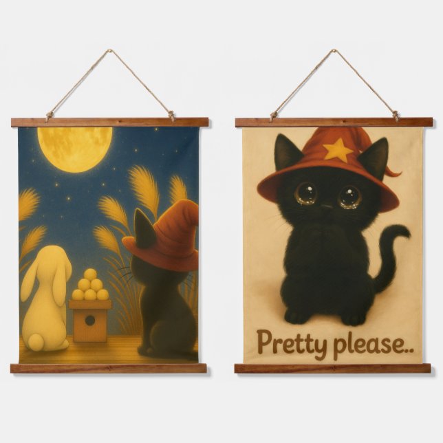 Tapisserie Suspendue Moon Viewing Night – Black Cat and Rabbit under th (Double)