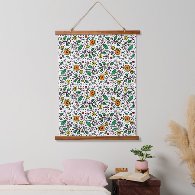 Tapisserie Suspendue Motif à fleurs orange Swirl Berry sur blanc - (Chambre à coucher)