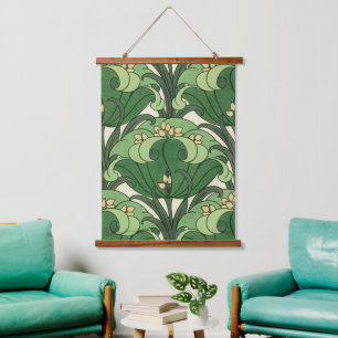 Tapisserie Suspendue Motif floral de lotus Art nouveau vert sauge