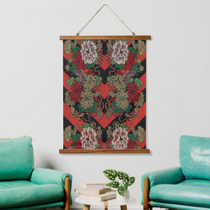 Tapisserie Suspendue Motif floral japonais vintage pivoine rouge noir