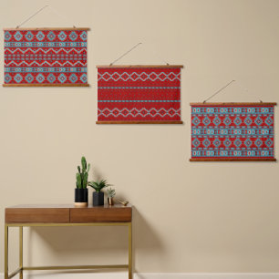 Tapisserie Suspendue Motif géométrique turquoise et rouge des mesas du