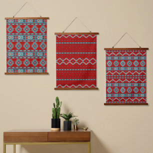 Tapisserie Suspendue Motif géométrique turquoise et rouge des mesas du