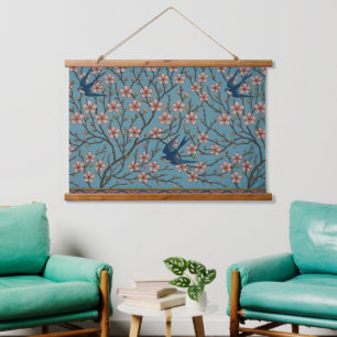 Tapisserie Suspendue Motif rétro bleu de l'hirondelle florale par Walte