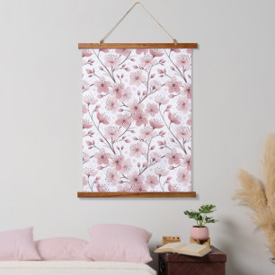 Tapisserie Suspendue Motif Sakura en fleurs de cerises roses sur blanc