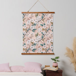 Tapisserie Suspendue Motif Sakura en fleurs de cerisier rose sur rose (