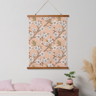 Tapisserie Suspendue Motif Sakura en fleurs de cerisier rose sur rose (