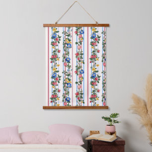 Tapisserie Suspendue Motif vintage à rayures florales fraises verticale