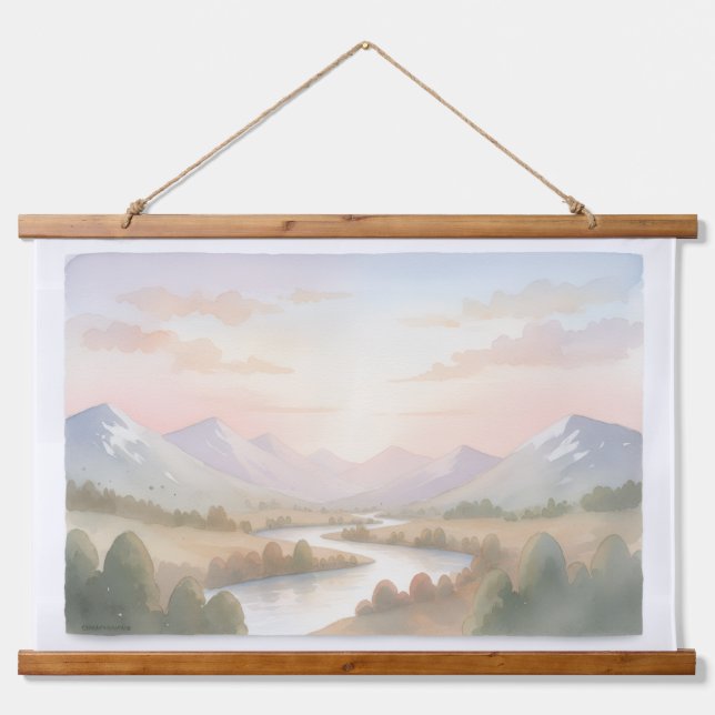 Tapisserie Suspendue Mountain Sunrise Wall Art - Doux Pastel Aquarelle (Devant)
