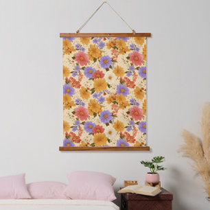 Tapisserie Suspendue Moutarde Terre Cuite Bleu Fleur Sauvage
