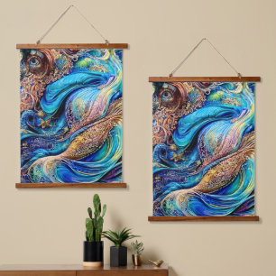 Tapisserie Suspendue Mystérieuse Ondes Bleues Flèches Oeil Caché Abstra