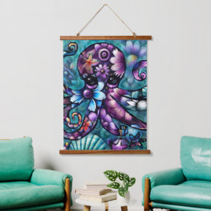Tapisserie Suspendue Octopus lunaire Floral Turquoise Purple Bleu Côte