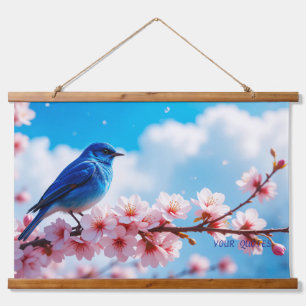 Tapisserie Suspendue Oiseau bleu sur branche de fleurs de cerisier