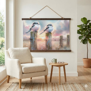 Tapisserie Suspendue Oiseaux à l'aquarelle pastel sur une clôture au co