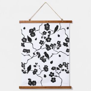 Tapisserie Suspendue Oiseaux à motif noir et blanc sur fleurs de cerisi