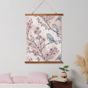 Tapisserie Suspendue Oiseaux Bleus Pastel avec Fleurs de Cerisier Roses