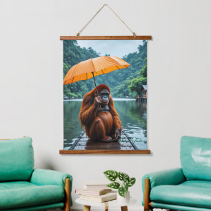 Tapisserie Suspendue Orang-outan avec parapluie orange