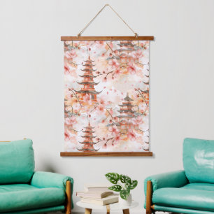 Tapisserie Suspendue Pagode chinoise à l'aquarelle avec fleurs de ceris