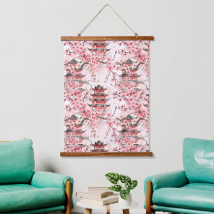 Tapisserie Suspendue Pagode chinoise aquarelle aux fleurs de cerisiers