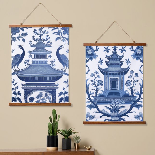 TAPISSERIE SUSPENDUE PAGODES CHINOISERIE EN BLEU 1 & 2 (Asymétrique)