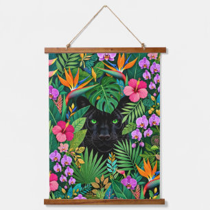 Tapisserie Suspendue Panthère noire Fleurs de jungle et feuillage tropi