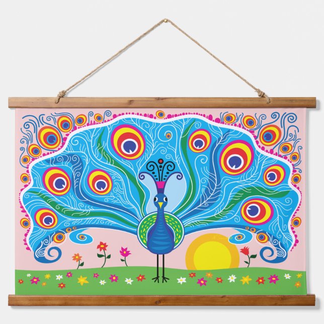 Tapisserie Suspendue Paon avec des fleurs (Devant)
