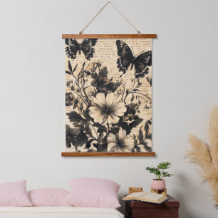 Tapisserie Suspendue Papier parchemin fleur de papillon noir et blanc v