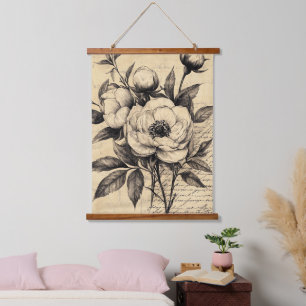 Tapisserie Suspendue Papier Vieilli Fleurie Brun Vintage