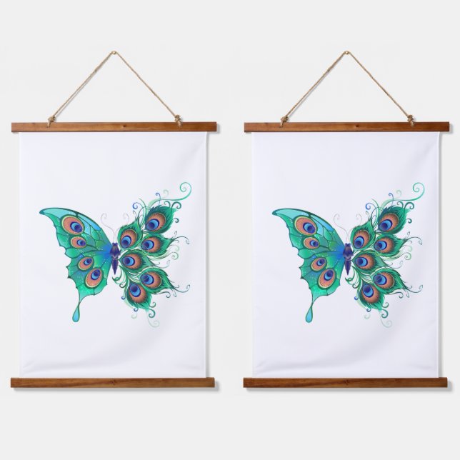 Tapisserie Suspendue Papillon aux plumes de paon vert (Double)