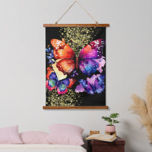 Tapisserie Suspendue Papillons Aquarelle Faux Paillettes Colorés