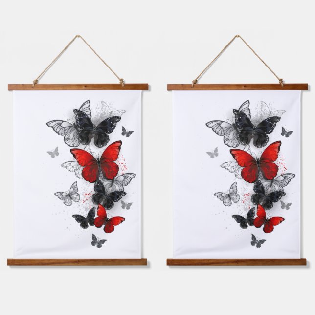 Tapisserie Suspendue Papillons noirs et rouges volants (Double)