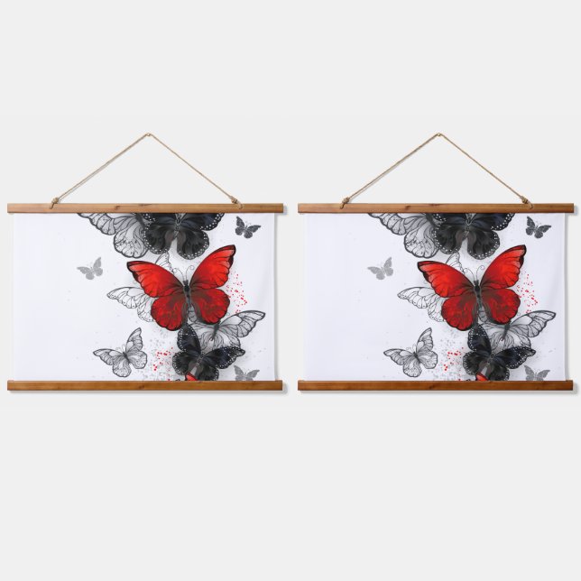 Tapisserie Suspendue Papillons noirs et rouges volants (Double)