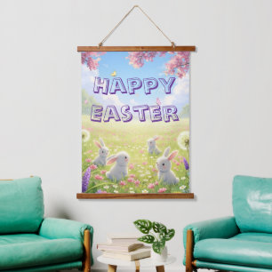 Tapisserie Suspendue Pâques Lavande Mignon Lapin Blanc Floral Printemps