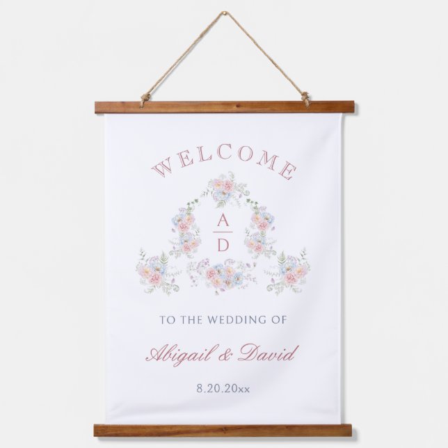 Tapisserie Suspendue Pastel Peonies Cadre Mariage Monogrammes Bienvenue (Recto)